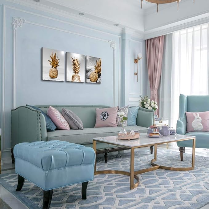 Canvas Wall Art For Bar Kitchen Living Room Office Bathroom Home Decoration Board Black And White Beach Scenery Golden Pineapple Pictures Artwork Restaurant Wall Decor Ready To Hang 12x16inch 3 Piece