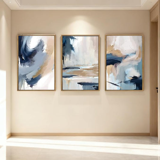 Large Blue Abstract Wall Art Framed Modern Artwork Neutral Wall Decor for Living Room Bedroom Office 16x24 Inch Set of 3