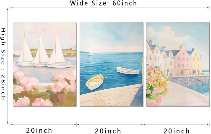 Large Ocean Beach Framed Oil Paiting Canvas Wall Art Pink Landscape Art Beach Sailboats Canvas Blue Sky White Clouds Scenery for Living Room Bedroom Office - 20x28inchx3Pcs