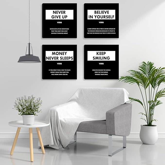 Motivational Framed Wall Art - Inspirational Office Quotes Wall Decor for Living Room Bedroom Black White Canvas Wall Art Wall Painting Picture Posters Artwork - 12"x12"x4PCS