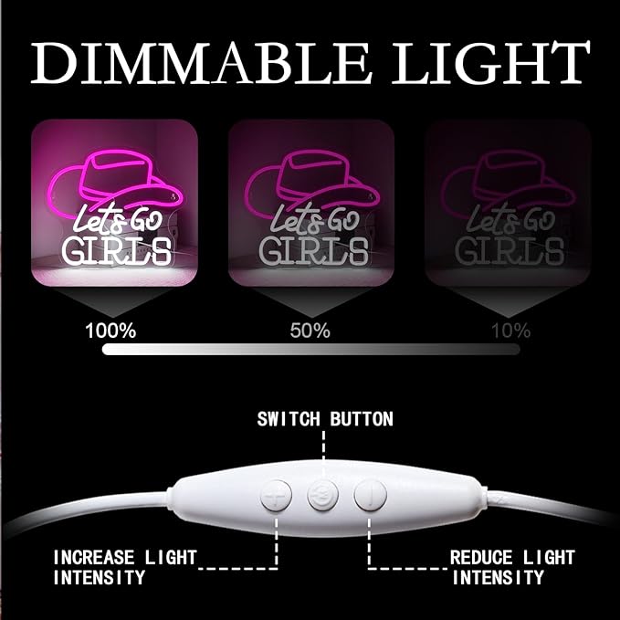 Lucunstar Let's Go Girls Neon Sign Wall Art Neon Lights with USB Cowgirl Hat LED Sign Neon Signs for Wall Decor Neon Rope Light for Party Bedroom Girl's Room LED Lights Birthday Neon Light Sign