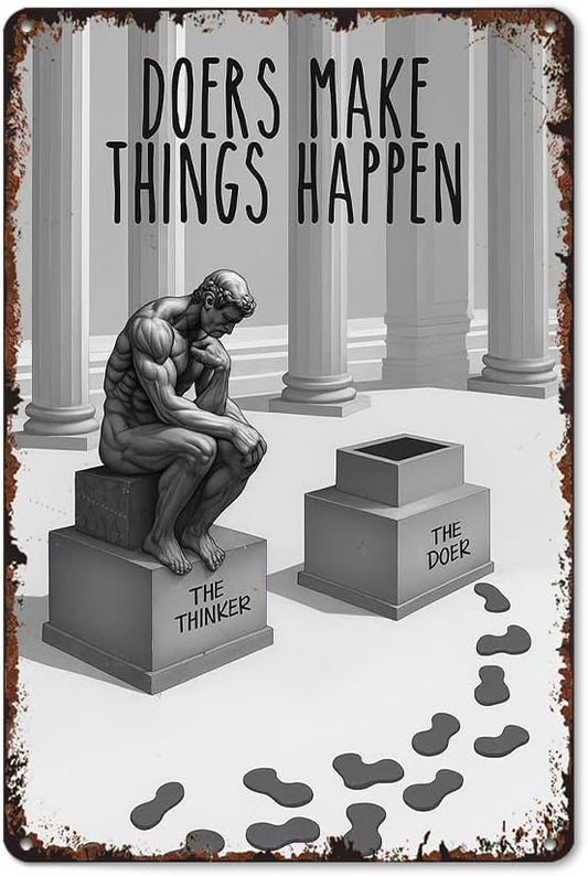 KERUNSM Doer Vs Thinker Sculpture Funny Metal Tin Signs 8x12 Inch Aluminum Vintage Poster-For Living Bathroom Room Kitchen Bedroom Patio Wall Decor