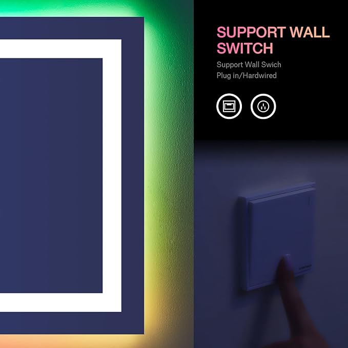 LOAAO 60”X30“ RGB LED Bathroom Mirror with Lights for Bathroom, Anti-Fog, Dimmable，Multiple Light Modes, RGB Backlit + Front Light, Memory Function, Tempered Glass