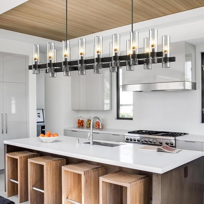 Black Rectangle Kitchen Island Lights, Farmhouse Linear Rectangular Chandelier with Glass Shades, 20 Lights Lighting Fixtures Industrial Pendant Light for Dining Room Over Table