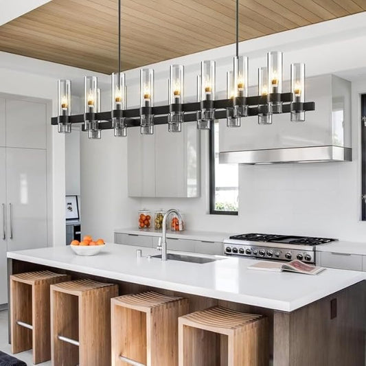 Black Rectangle Kitchen Island Lights, Farmhouse Linear Rectangular Chandelier with Glass Shades, 20 Lights Lighting Fixtures Industrial Pendant Light for Dining Room Over Table