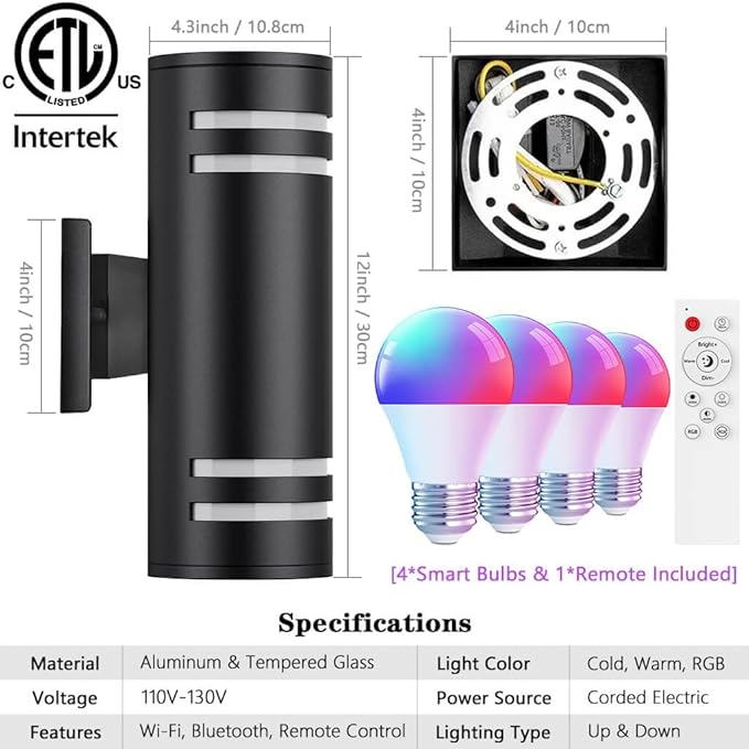 KIZON Smart Porch Lights 2 Pack, Modern Dusk to Dawn Outdoor Wall Lights Color Changing, Dimmable RGB Exterior Sconce Up and Down Light, Outside Lights for House Garage, Works with Alexa, ETL Listed