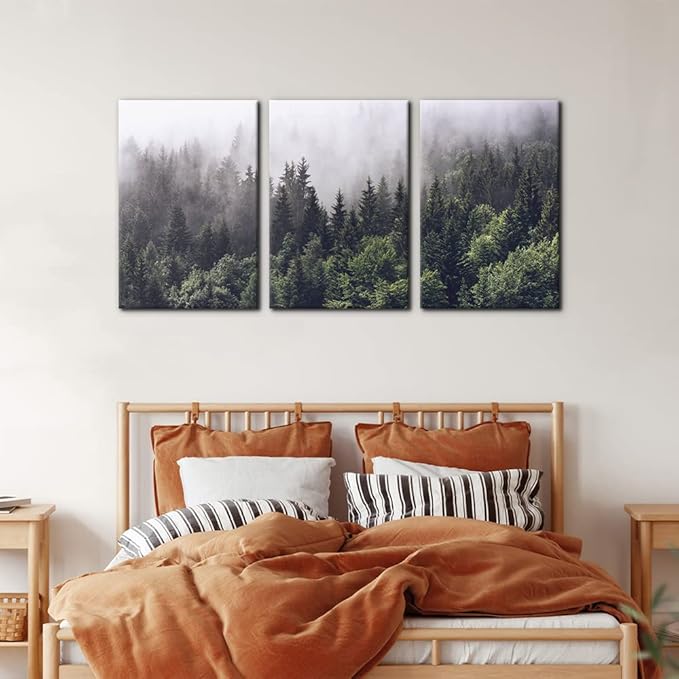 Pacimo Canvas Wall Art Fog Over Pine Tree Forest Nature Wilderness Photography Modern Art Rustic Landscape Relax/Calm Cool for Wall Decor Giclee Artwork Stretch Framed Ready to Hang - 16"x24"x3