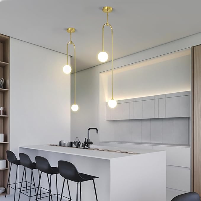 Modern Milk Glass Pendant Light 2 Light Mid Century Chandelier Small Glass Globe Gold Pendant Lights for Kitchen Island Bedroom Dining (Metal Tube Removable, 2 Pack)