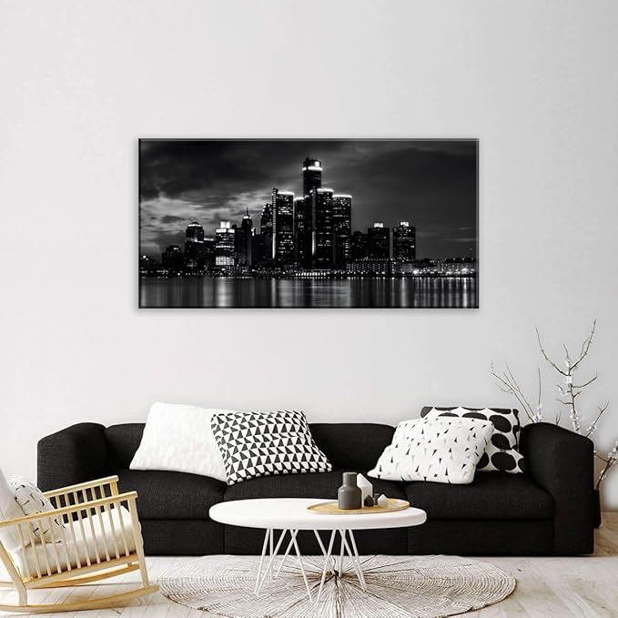 NAN Wind Detroit Skyline Canvas Wall Art Cityscape Night Scene Black & White City Art Print on Canvas Modern Giclee Framed Painting for Room Decor Home Decor Detroit Skyline Picture Prints