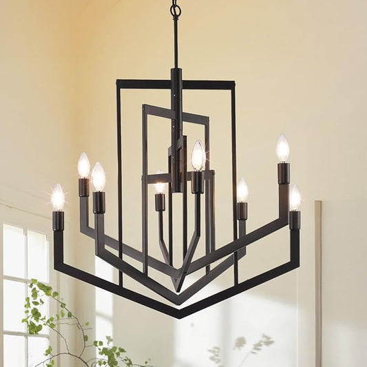 Black Farmhouse Chandelier,8-Light Modern Geometric Pendant Light Fixtures,Rustic Industrial Foyer Lighting Fixtures, Large Foyer Chandeliers for High Ceilings,for Kitchen Island,Staircase,Entryway