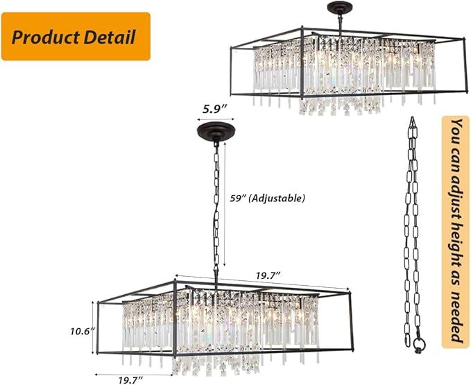 4-Lights Black Farmhouse Chandelier, 19.7 inch Industrial Crystal Chandelier Metal Pendant Light for Kitchen Island Dining Room Living Room