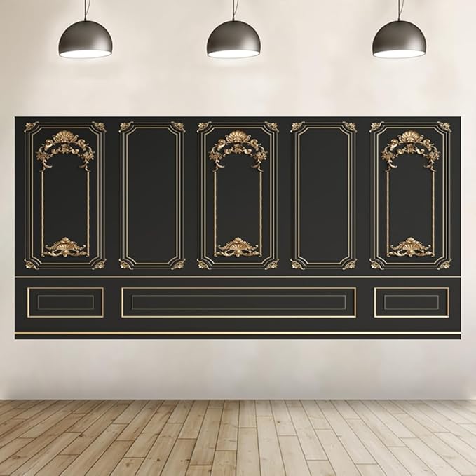 Leyiyi 20x10ft Gold Black Vintage Room Inside Backdrop European Frame Modern House French Castle Cementery Wall Retro Style Photo Background Cowboy Kids Birthday Portrait Studio Props Vinyl Wallpaper
