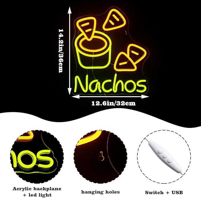 LookLight Nachos Neon Sign,Cheesy Delight Neon Light for Wall Decor,Bowl of Cheese and Tortilla Chips NACHOS Neon,Dimmable USB Neon for Bars Kitchen Fast Food Restaurant Mexican Restaurant