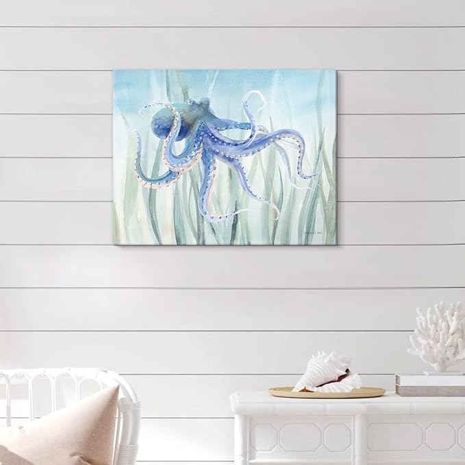 Ocean Wall Decor Under The Sea Blue Octopus Canvas Wall Art for Bathroom Coastal Decor for Home Nautical Prints for Bedroom Bathroom Livingroom16x12Inch