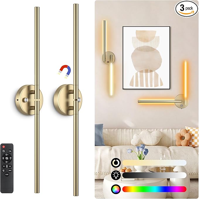 Battery Operated Wall Sconce Set of Two:Wireless Magnetic Wall Lights with Remote, 360°DIY Rotatable 5CCT Dimmable with Timer,,RGB Cordless Wall Gold Sconces Decor for Vanity Bedroom Hallway10000mAh