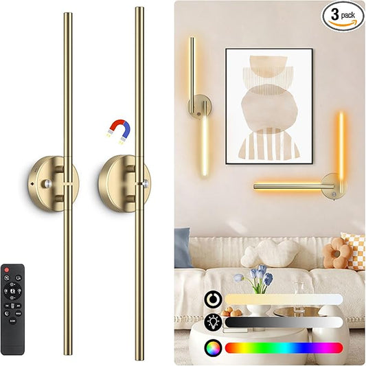 Battery Operated Wall Sconce Set of Two:Wireless Magnetic Wall Lights with Remote, 360°DIY Rotatable 5CCT Dimmable with Timer,,RGB Cordless Wall Gold Sconces Decor for Vanity Bedroom Hallway10000mAh
