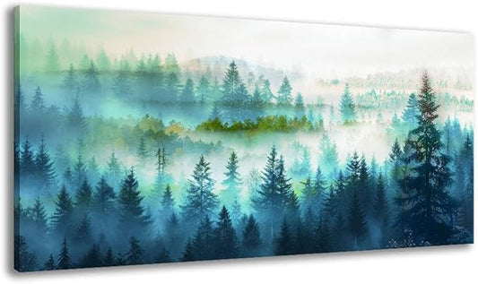 BYXART Canvas Wall Art for Living Room Misty Forest Foggy Mountain Landscape Artwork Nature Picture Bathroom Decor Smoky Scenery Painting Artwork For Bedroom Home Office Decoration 40L x 20W