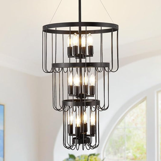 Black Chandelier, 12-Light Farmhouse Chandelier for Entryway, Industrial Foyer Lighting Fixtures, Large Chandeliers for High Ceilings, Modern Hanging Pendant Lights for Staircase, Entryway