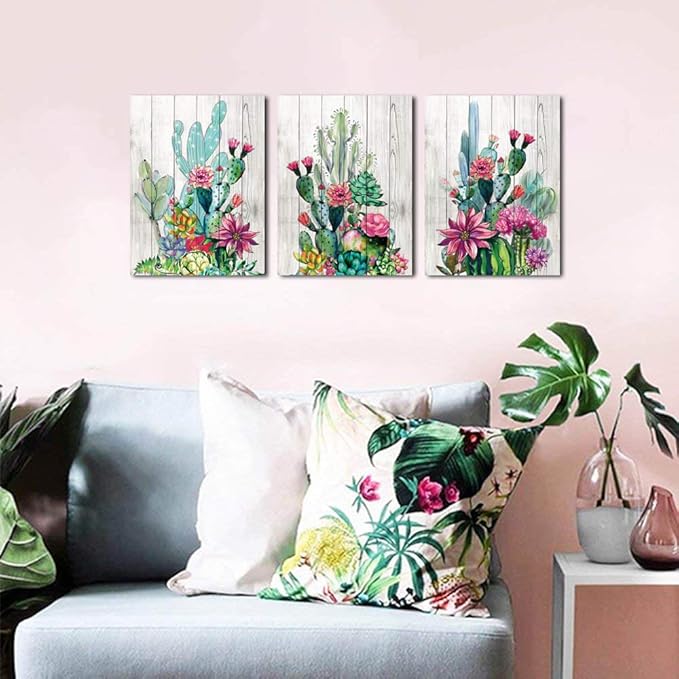 3 Piece Framed Wall Art Watercolor Tropical Plant Desert Cactus Canvas Print for Bedroom Bathroom Spiny Flower Artwork Home Office Wall Decoration 16x24 3 panels Decor
