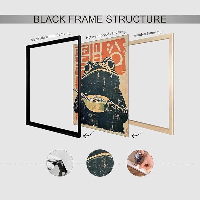 Black Framed Canvas Wall Art Posters Vintage Japanese Frog Prints Funny Frog Eating Ramen Unique Kitchen Decor Artwork 8x10 inch for dining Room Bedroom or Living Room Decoration