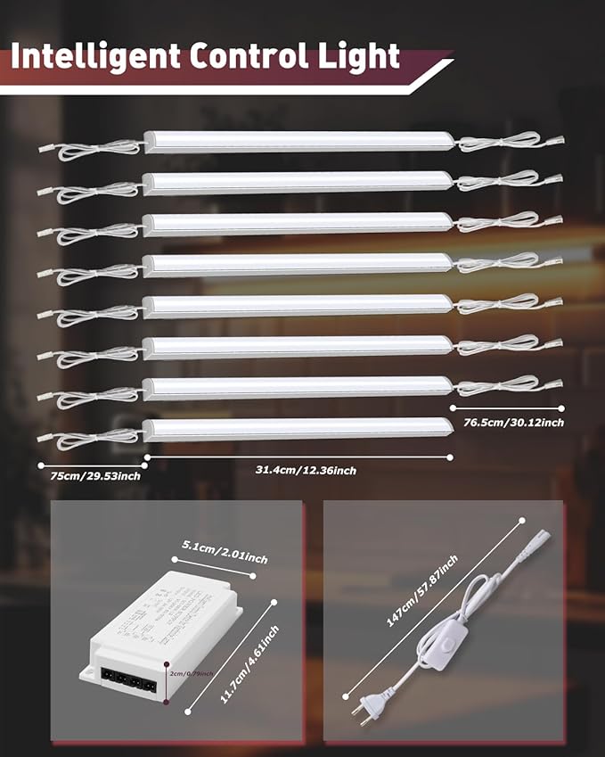 Cefrank Under Cabinet LED Light Bars, 8pcs 12" V-Shape, 16Watt 1600Lumens, Warm White (3000K)