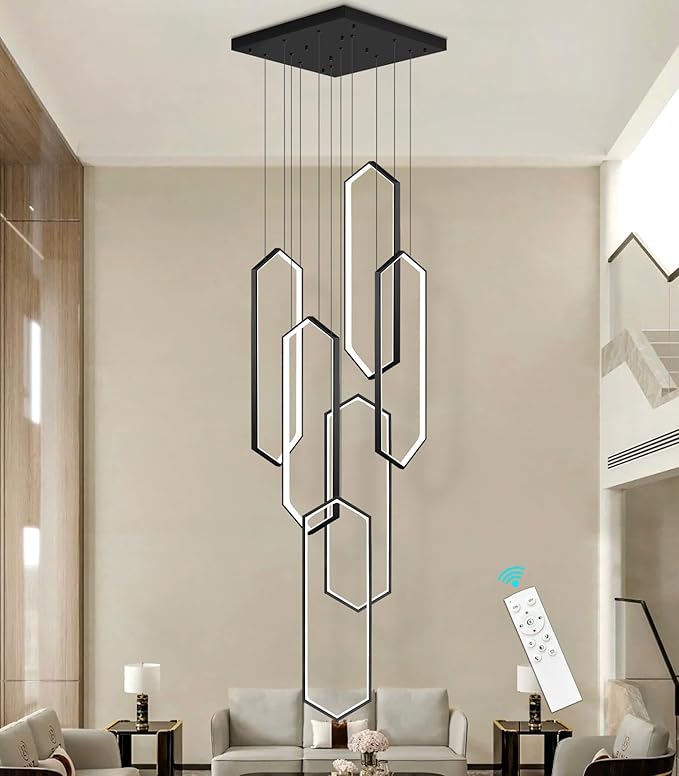 6-Rings Chandelier Modern, Black Contemporary LED Light for Living Room Entrance, Dimmable Flush Mount High Ceiling Chandeliers with Remote Control for Villa Foyer