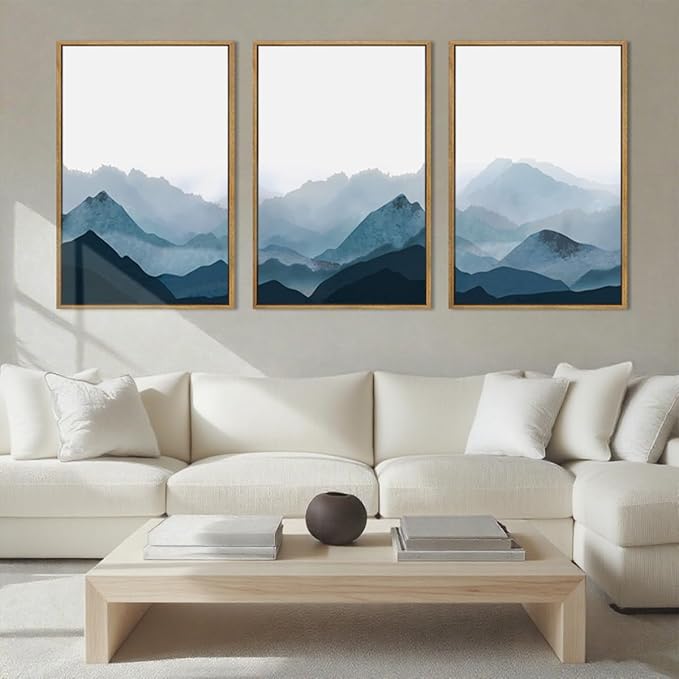BINCUE Framed Blue Mountain Wall Decor Fog Blue Ridge Mountains Wall Art for Living Room Bedroom Office 16x24 Inches Set of 3