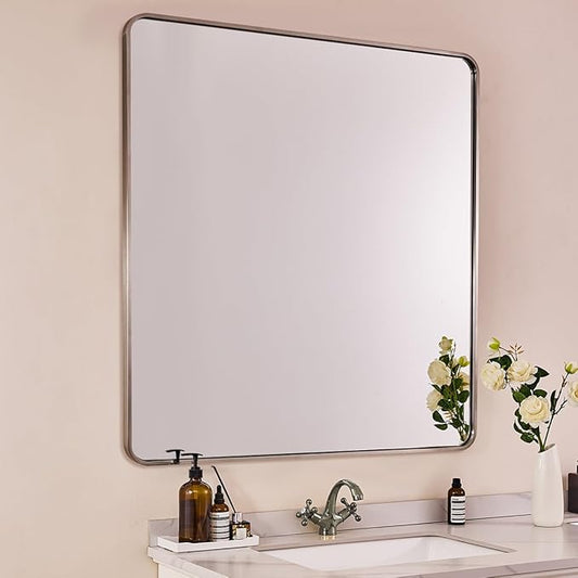 ANDY STAR 40x36 Inch Brushed Nickel Bathroom Mirror, Rounded Rectangle Bathroom Vanity Mirrors for Wall, Anti-Rust SUS304, Seamless Tube Metal Frame, 1’’ Deep Wall Mounted Vertically/Horizontal