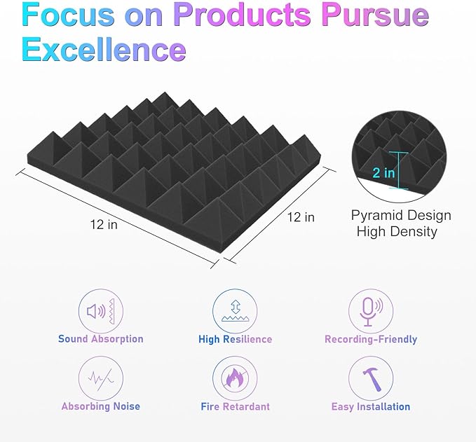 JBER Acoustic Sound Foam Panels, 6 Pack 2" X 12" X 12" Charcoal Soundproofing Treatment Studio Wall Padding Sound Absorbing Fireproof Pyramid Black Wall Panel…