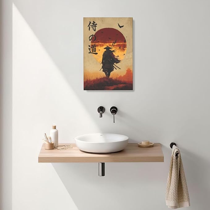 Japanese Samurai Wall Art Oriental Asian Bushido Wall Decor Warrior Figure Canvas Pictures Paintings Prints Japan Traditional Aesthetic Artwork Framed Decorations For Bedroom Living Room Office Gifts 16" x 24"