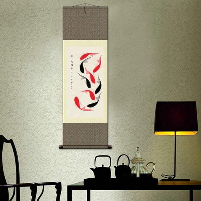 AtfArt Asian Wall Decor Beautiful Silk Scroll Painting Year Have Fish - Red Black Carp Oriental Decor Chinese Art Wall Scroll Wall Hanging Painting Scroll (39 x 12 in)