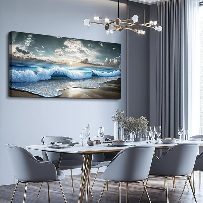 MHARTK66 Blue Ocean Canvas Wall Art Large Paintings For Living Room Landscape Nature Artwork For Walls Wall Decor For Bedroom Beach Pictures Office Waves Poster Modern Home Decorations 30x60