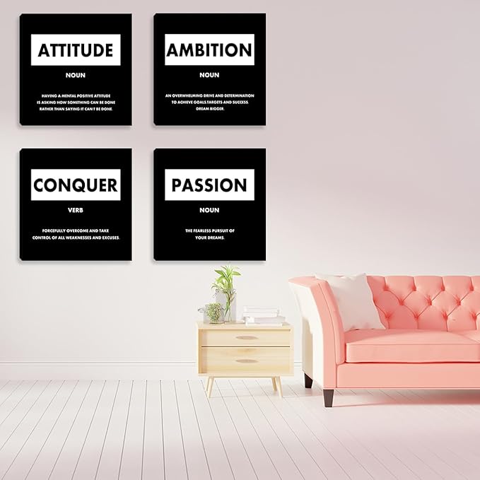 Motivational Canvas Wall Art - Home Office & Living Room Wall Decor - Black Inspirational Design - Framed Art Prints - 12X12 Inch (4 Pack)