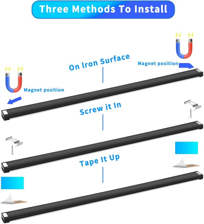 Black Plug in Under Cabinet Light bar with Motion Sensor, Dimmable, Remote Control,Color and Brightness Adjustable, Magnet LED Strip Lights for Kitchen, Workbench, and Closet 3 Pack