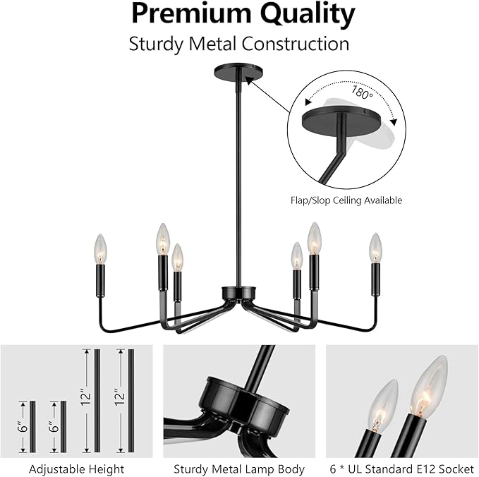 Black Chandelier for Dining Room, 6-Light Farmhouse Kitchen Light Fixtures Over Table, 26" Rustic Candle Chandelier for Bedroom, Foyer, Hall, Living Room, Entryway