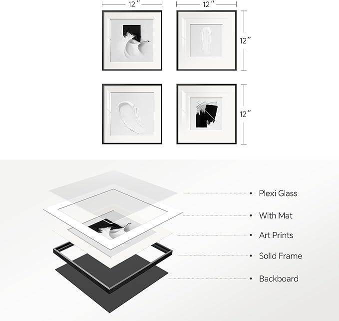 4 Panels Framed Abstract Black and White Wall Art Set, Modern Minimalist Line Print Home Decor, Canvas Pictures Paintings for Living Room Bedroom Bathroom Entryway and Dining Room 12x12 Inches