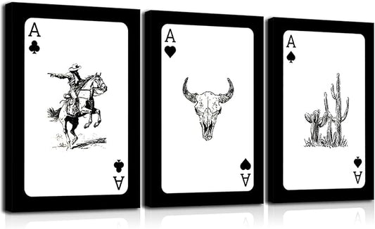 3Pcs Western Cowboy Canvas Wall Art Rustic Southwestern Style Poster Funny Creative Poker Ace Print Retro Western Aesthetic Image Cowboy Horse Bull Skull Cactus Painting for Bedroom Living Room Bathroom 12x16in Framed