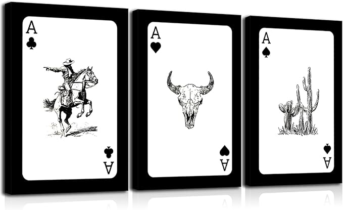3Pcs Western Cowboy Canvas Wall Art Rustic Southwestern Style Poster Funny Creative Poker Ace Print Retro Western Aesthetic Image Cowboy Horse Bull Skull Cactus Painting for Bedroom Living Room Bathroom 16x24in Framed
