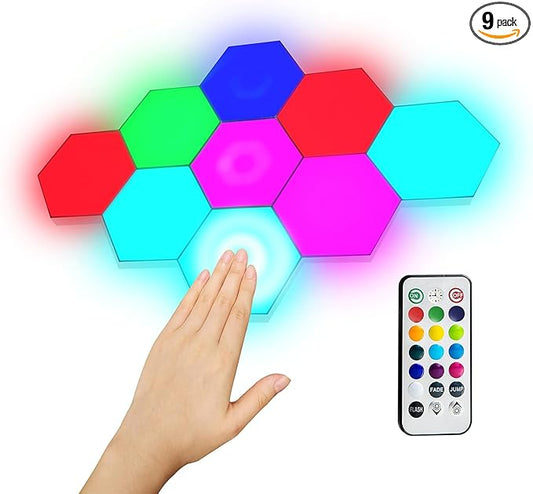 9-Pack Hexagon Lights, Remote and Touch Controlled RGB Wall Light Panels - LED Panels for Living Room, Bedroom, Game Room Decor - Double-Sided Tape and Tabletop Stand Included
