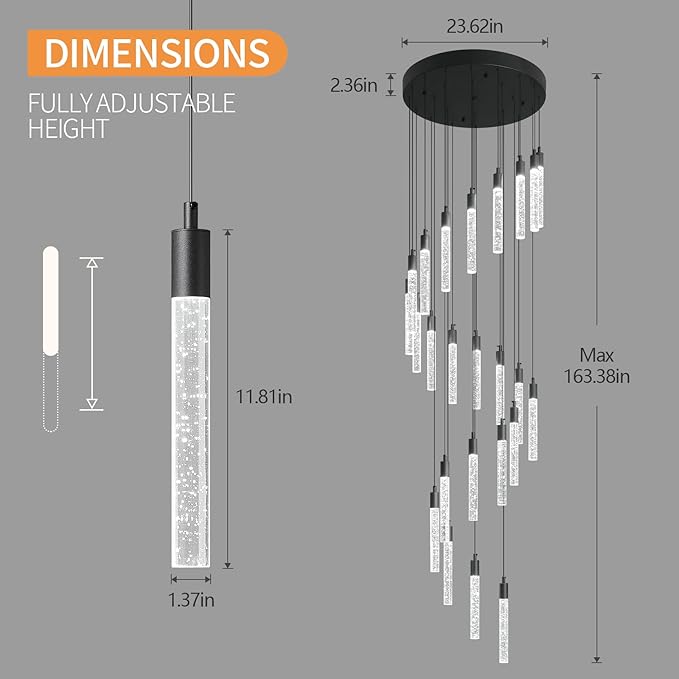 24-Light Modern Living Room Chandelier Black Crystal Ceiling Pendant Lights LED Dimmable 144W 6000K Staircase Large Chandeliers for Entryway Lobby Foyer High Ceiling Chandeliers