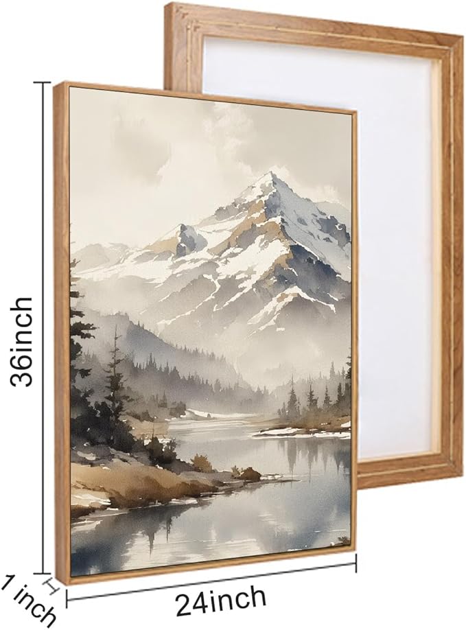 Ausril Watercolor Misty Mountain Framed Canvas Wall Art Set, Foggy Pine Tree Wall Decor, Winter Landscape Wall Painting, Nature Snowy Scene Art Print for Living Room, Bedroom, Office - 24"X36"X3