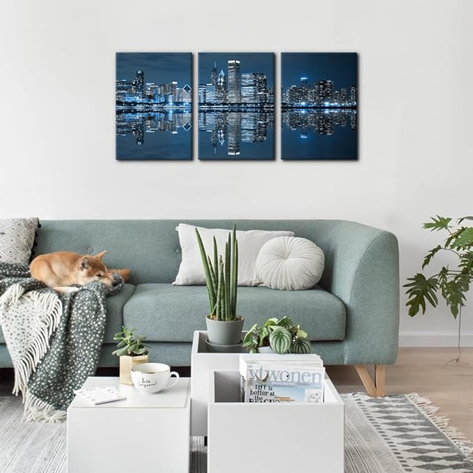 Pacimo Chicago Cityscape Modern Canvas Wall Art Prints Artwork Skyscrapers at Night View Paintings City Skyline Pictures Painting for Home Decorations Decor Framed Ready to Hang - 12"x16"x3 Panels