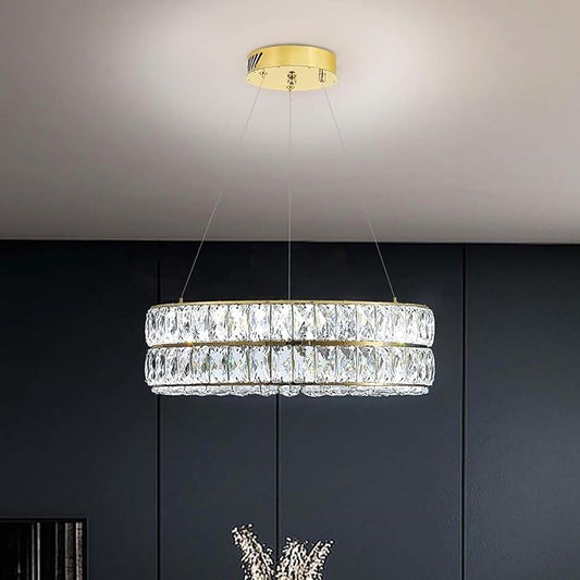 Led 15.7" Gold Ring Crystal Chandelier, Modern Dimmable Chandeliers Lighting and Hanging Adjustable, LED Round Ceiling Light Fixtures for Dining Room Living Room