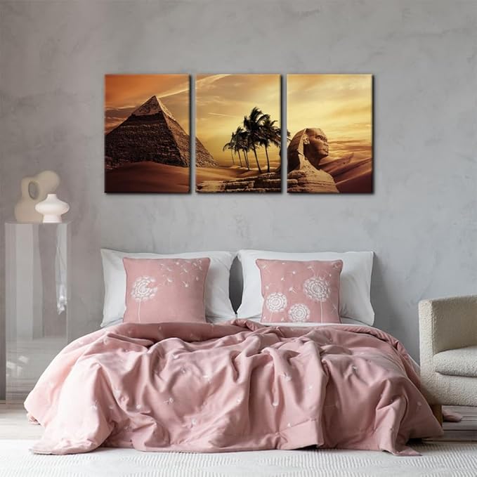 Pacimo Ancient Egypt Secrets Painting on Canvas Pyramid Sphinx Modern Wall Art Home Decoration for Living Room Pictures Multi Panel HD Printed Post and Prints Framed Ready to Hang - 20"x28"x3