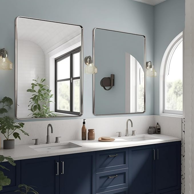 ANDY STAR 48x36 Inch Brushed Nickel Bathroom Mirror, Rounded Rectangle Bathroom Vanity Mirrors for Wall, Anti-Rust SUS304, Seamless Tube Metal Frame, 1’’ Deep Wall Mounted Vertically/Horizontal