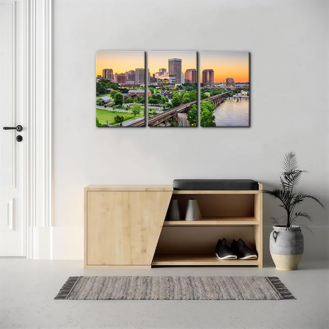 Pacimo Canvas Print Wall Art Set Richmond Skyline Giclee Poster Gallery Wrapped Virginia Cityscape Modern Artwork for Living Room Bedroom Office Stretch and Framed Ready to Hang - 16"x24"x3 Panels