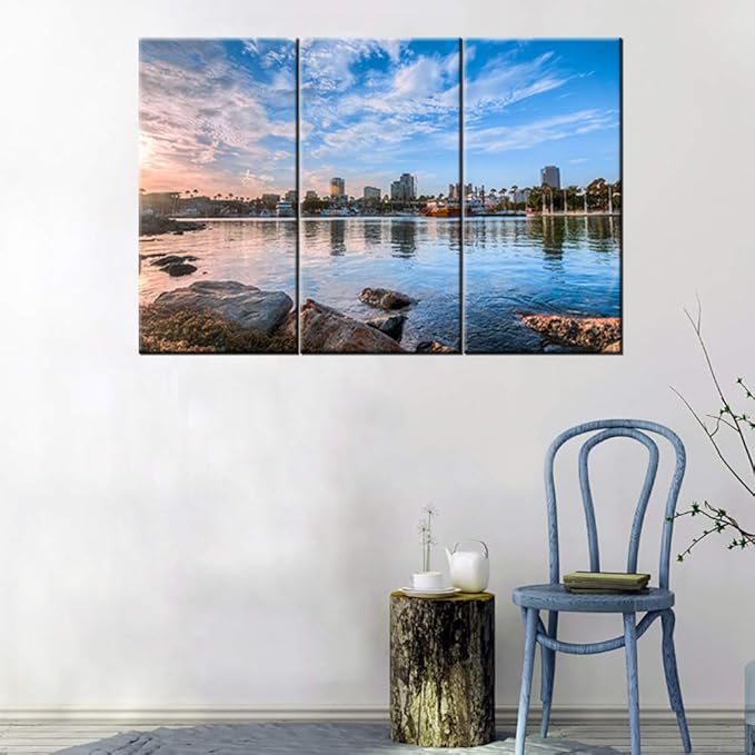Canvas Wall Art Blue Grey Long Beach Harbor Cityscape Panoramic Skyline Painting Coast Framed Picture Artwork Prints for Living Room Bedroom Home Office Decor Ready to Hang 24‘’ x 12‘’ x 3 panels