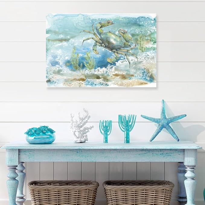 Nautical Wall Decor Green Crab Canvas Painting Ocean Bathroom Decor Sea Grass Coastal Wall Art Beach Decorations for Bedroom Livingroom Home 24x16Inch