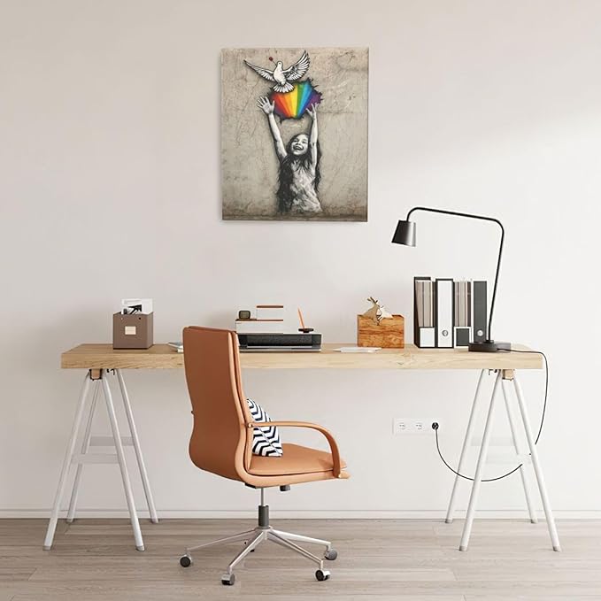 Banksy Street Graffiti Wall Art Rainbow Canvas Wall Decor Love And Peace Pictures Paintings Prints Artwork Framed Modern Decorations For Bedroom Bathroom Office Living Room Gifts 20" x 24"