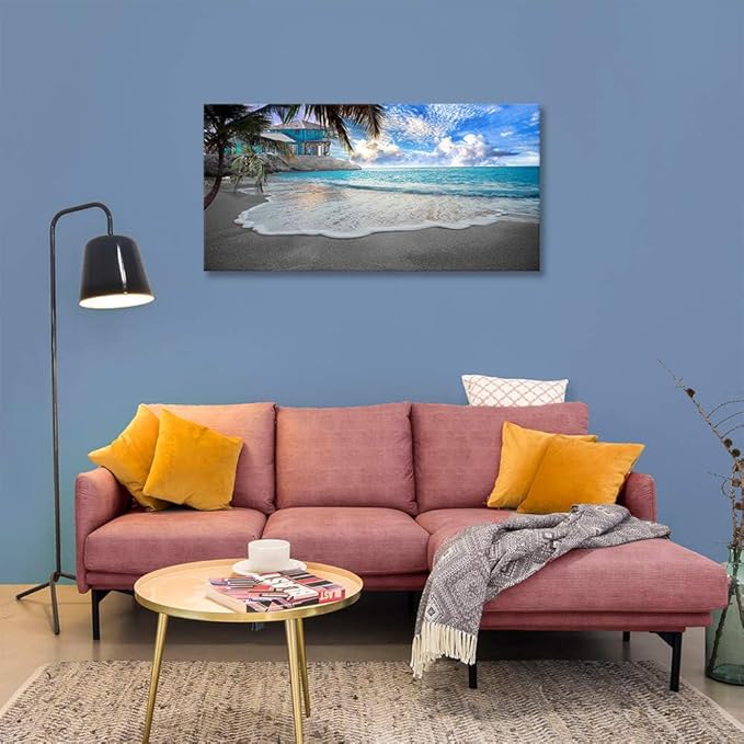BYXART Beach Canvas Wall Art for Bedroom Ocean Themed Living Room Decor Tropical Palm Tree Artwork Blue Sea Waves Picture Seascape Scenery Nature Painting for Home Office Decoration 40L x 20W